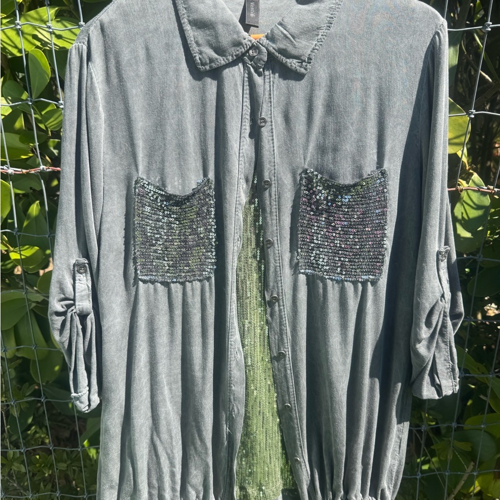 Gray Button Down Shirt With Sequin Pockets - image 1